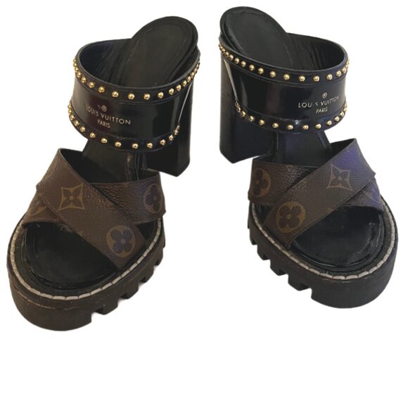 Louis Vuitton Logo Brown & Black Star Trail Leather Block Heel Mule Size 37/US 7 - Picture 1 of 16